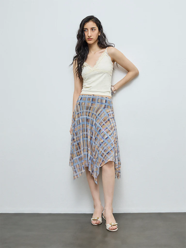 Nuon Blue Checkered Asymmetrical High-Rise Skirt