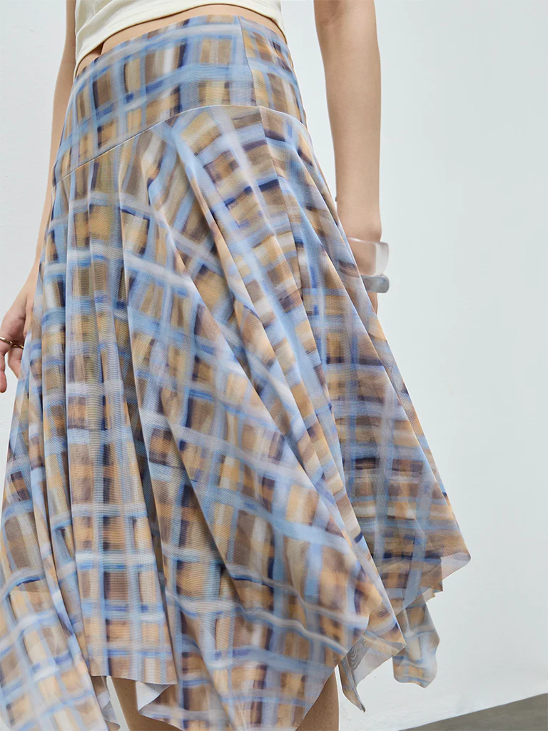 Nuon Blue Checkered Asymmetrical High-Rise Skirt - Image 3