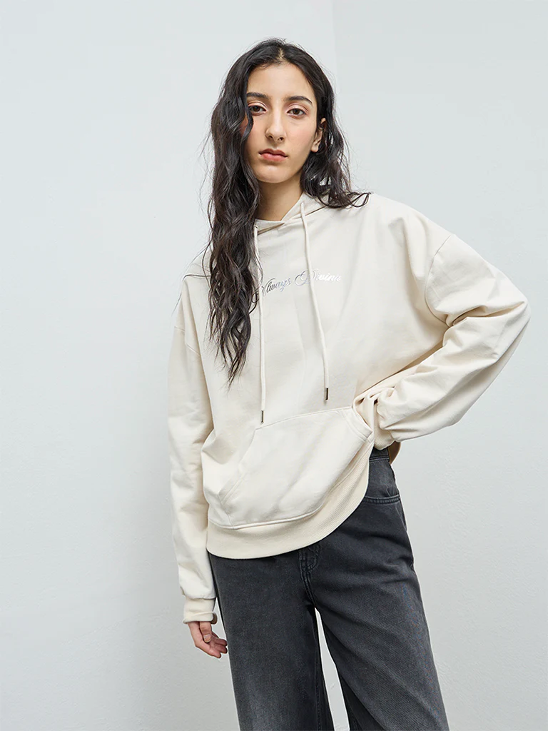 Nuon Light Beige Printed Cotton Hoodie - Image 2