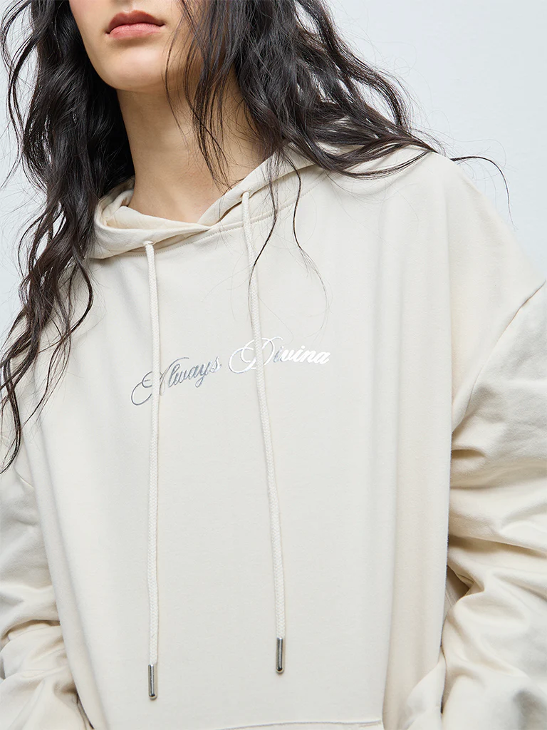 Nuon Light Beige Printed Cotton Hoodie - Image 3