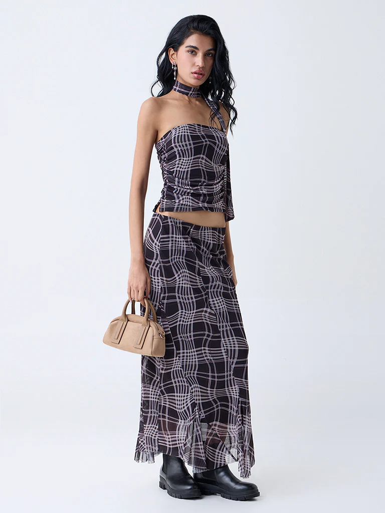 Nuon Charcoal Checkered High-Rise Skirt