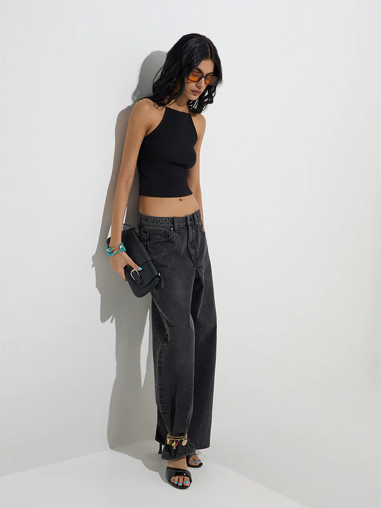 Nuon Charcoal Flared Relaxed-Fit Mid-Rise Jeans