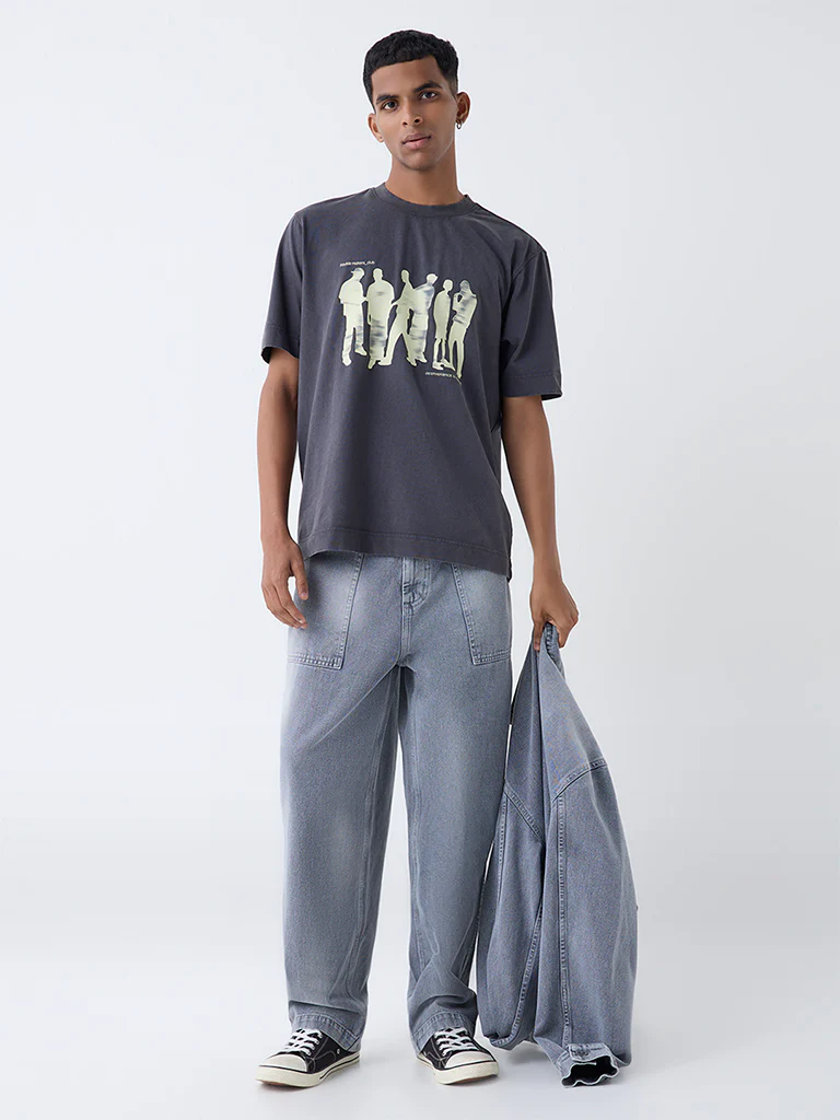 Nuon Charcoal Printed Relaxed-Fit Cotton T-Shirt
