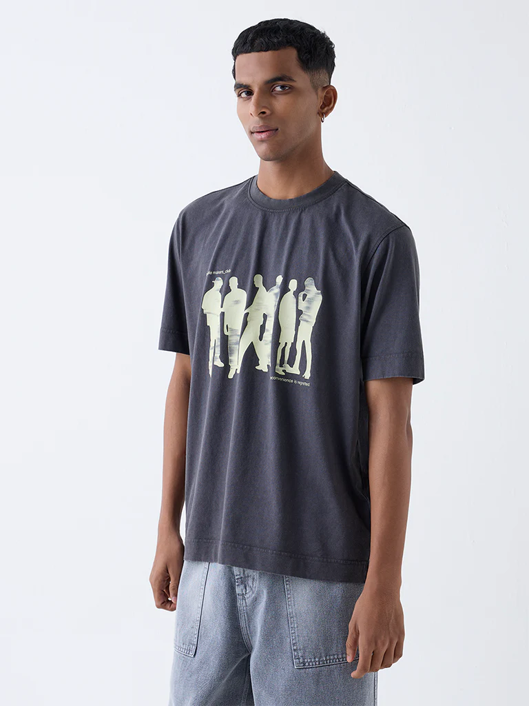 Nuon Charcoal Printed Relaxed-Fit Cotton T-Shirt - Image 2