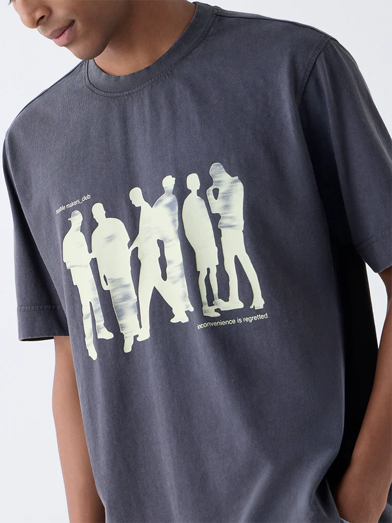 Nuon Charcoal Printed Relaxed-Fit Cotton T-Shirt - Image 3