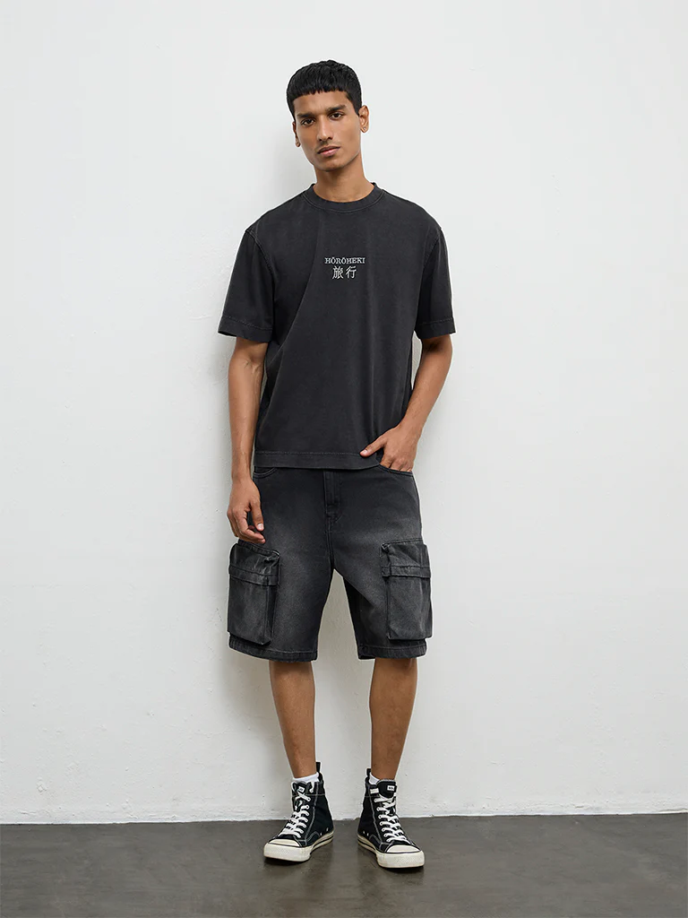 Nuon Charcoal Printed Relaxed-Fit Cotton T-Shirt