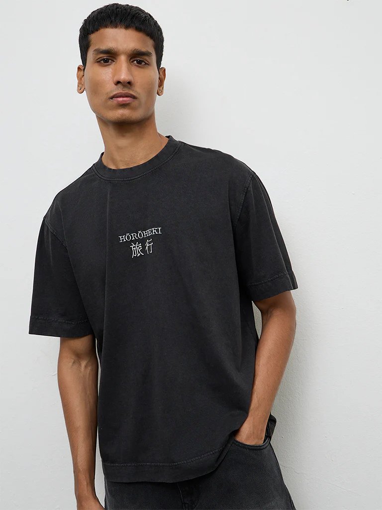Nuon Charcoal Printed Relaxed-Fit Cotton T-Shirt - Image 2