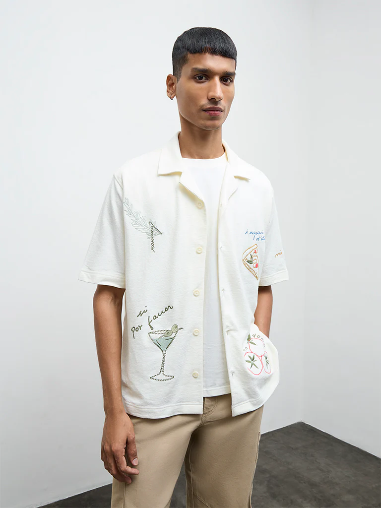 Nuon Cream Embroidered Relaxed-Fit Cotton Shirt