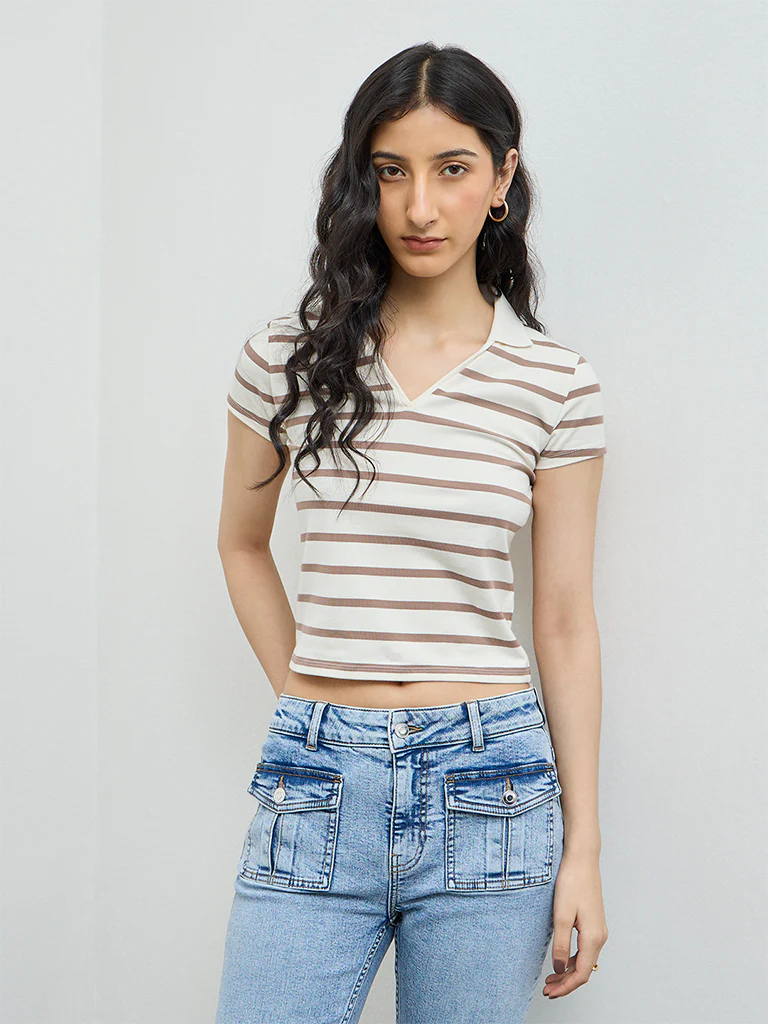 Nuon Cream Striped Cotton-Blend T-Shirt