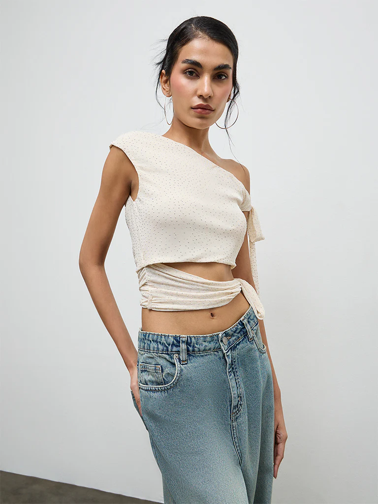 Nuon Cream Studded Tie-Up One-Shoulder Top