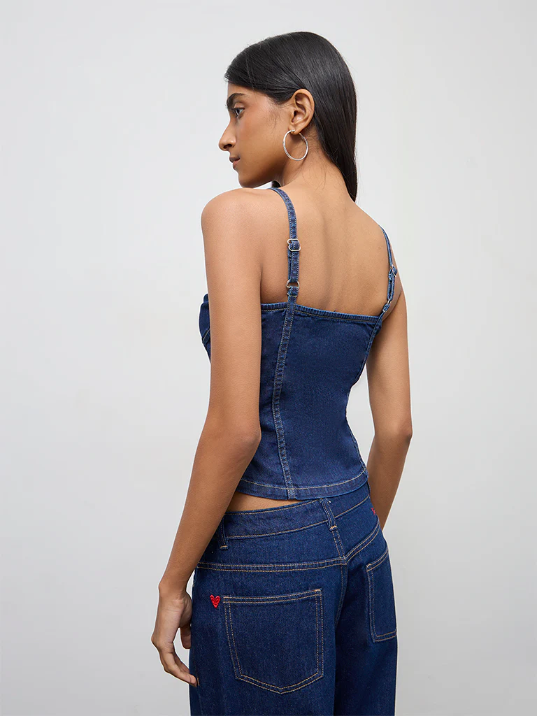 Nuon Dark Blue Corset-Style Denim Top - Image 4
