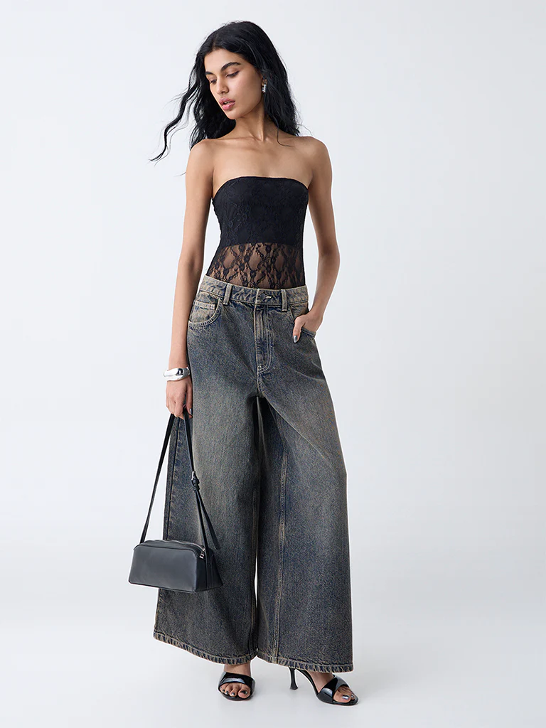 Nuon Dark Blue Faded Wide-Leg High-Rise Jeans