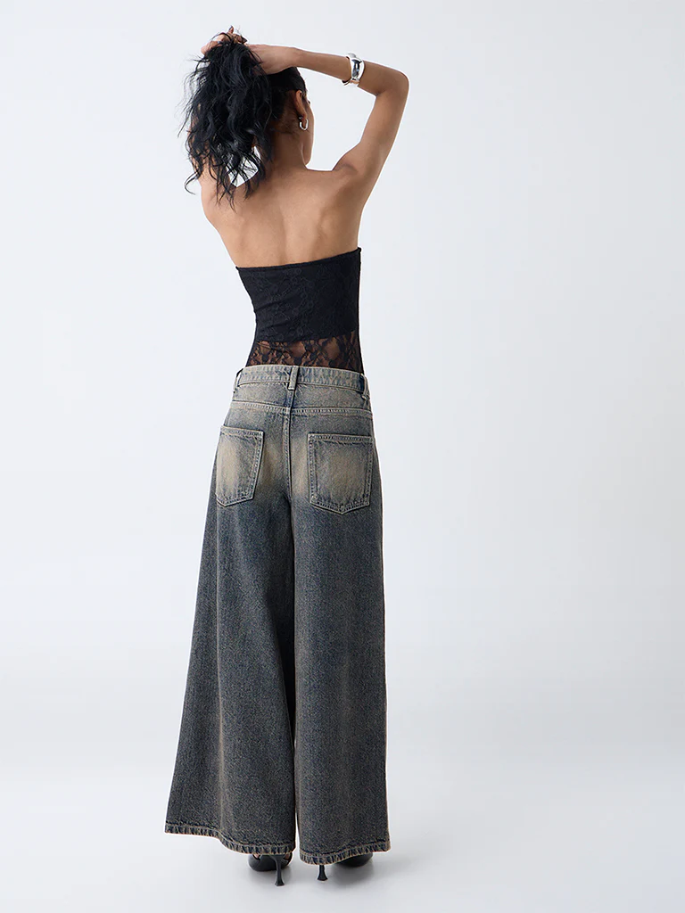 Nuon Dark Blue Faded Wide-Leg High-Rise Jeans - Image 4