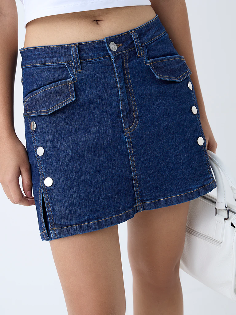 Nuon Dark Blue Mid-Rise Denim Skorts - Image 3