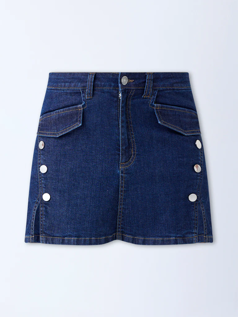 Nuon Dark Blue Mid-Rise Denim Skorts - Image 5