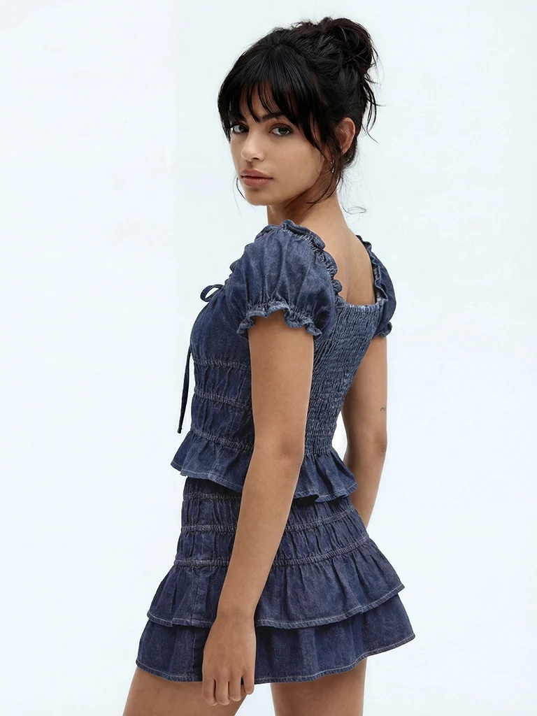 Nuon Dark Blue Off-Shoulder Smocked Denim Top - Image 2