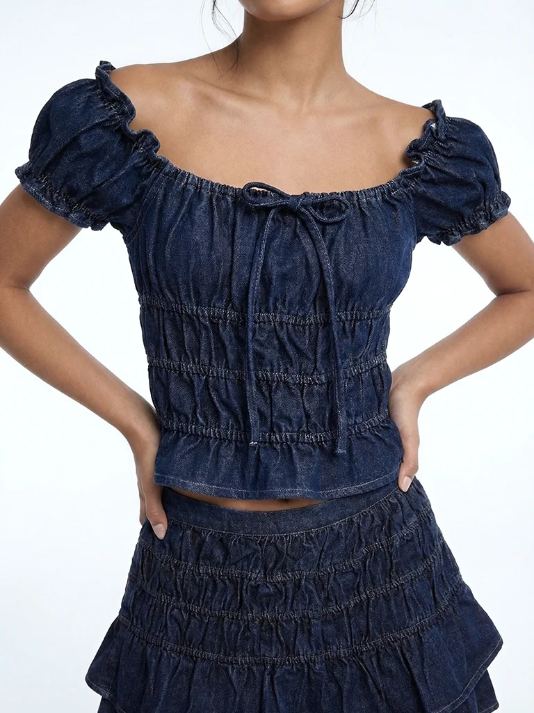 Nuon Dark Blue Off-Shoulder Smocked Denim Top - Image 3