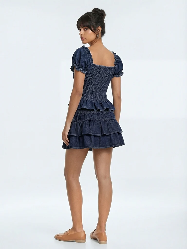 Nuon Dark Blue Off-Shoulder Smocked Denim Top - Image 4