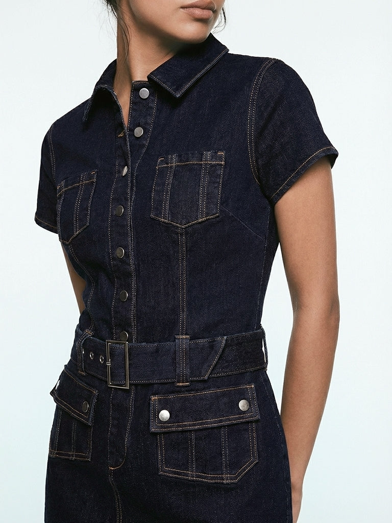 Nuon Dark Blue Structured Denim A-Line Dress with Belt - Image 3