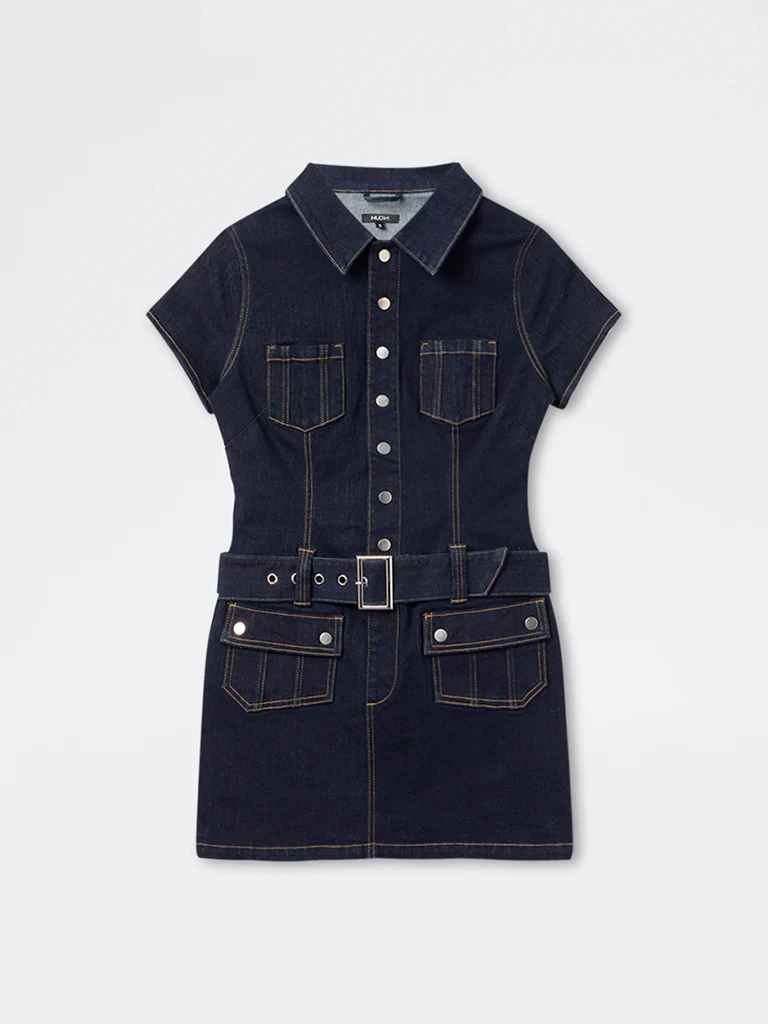 Nuon Dark Blue Structured Denim A-Line Dress with Belt - Image 5