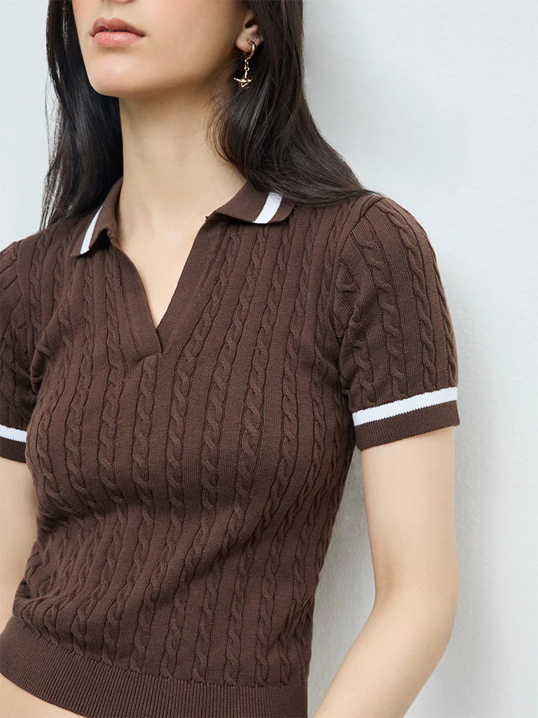 Nuon Dark Brown Cable-Knit Textured T-Shirt - Image 3
