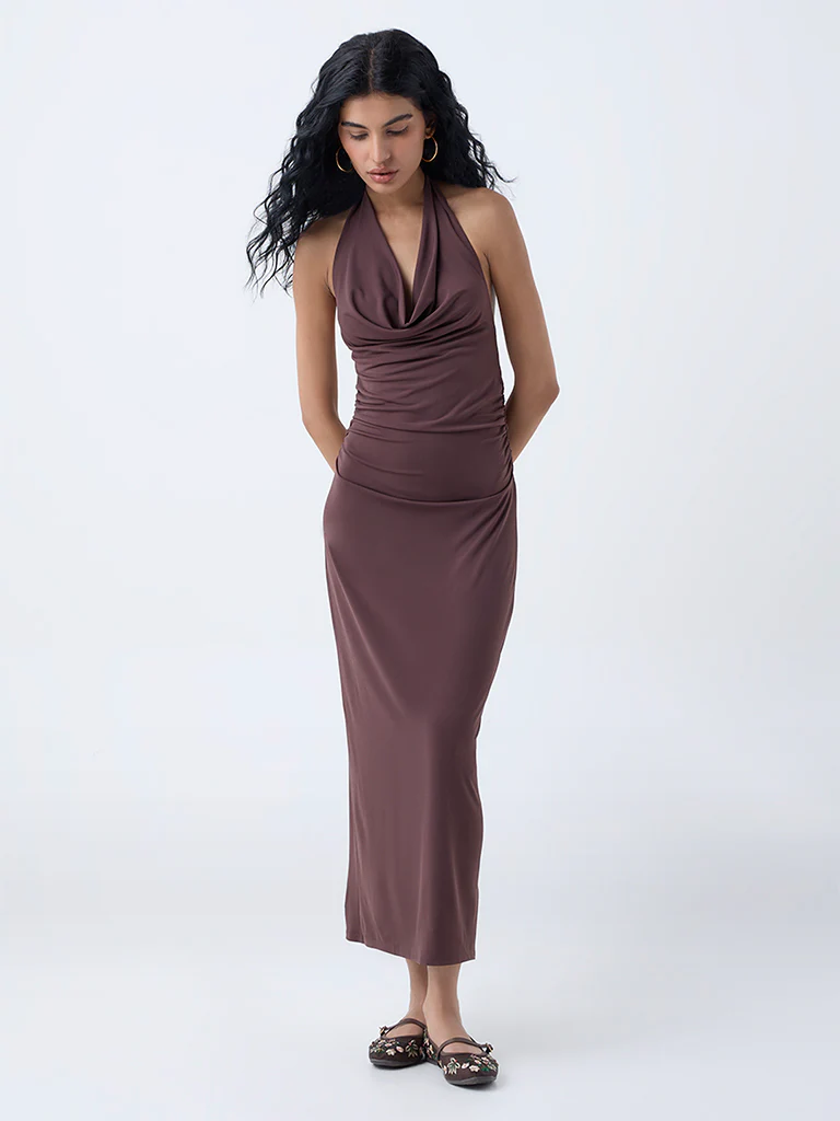 Nuon Dark Brown Cowl-Neck Bodycon Dress
