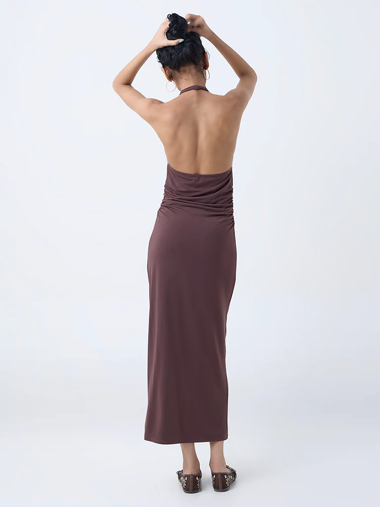 Nuon Dark Brown Cowl-Neck Bodycon Dress - Image 4