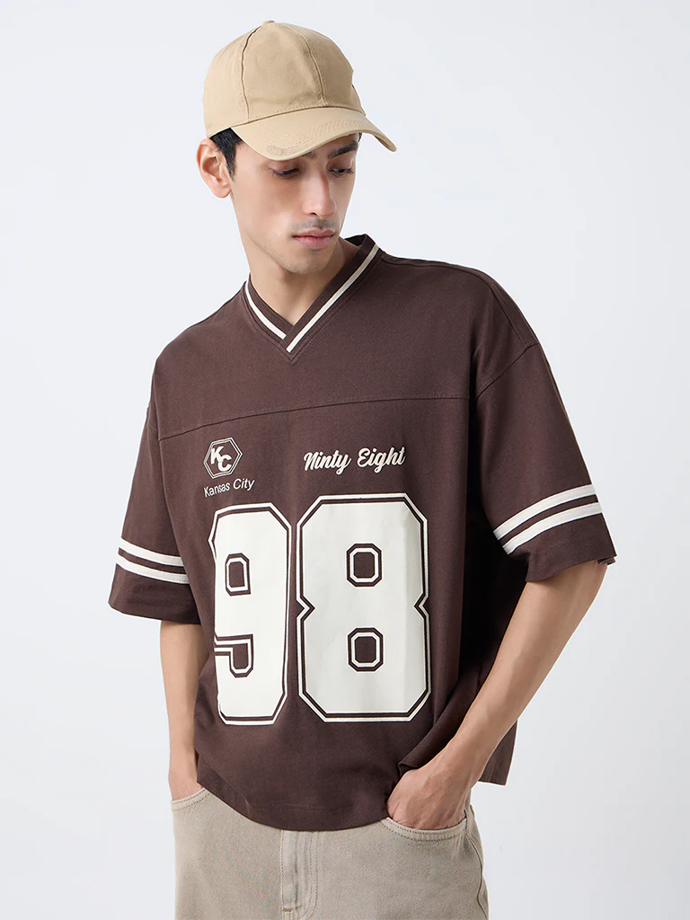 Nuon Dark Brown Printed Relaxed-Fit Cotton T-Shirt