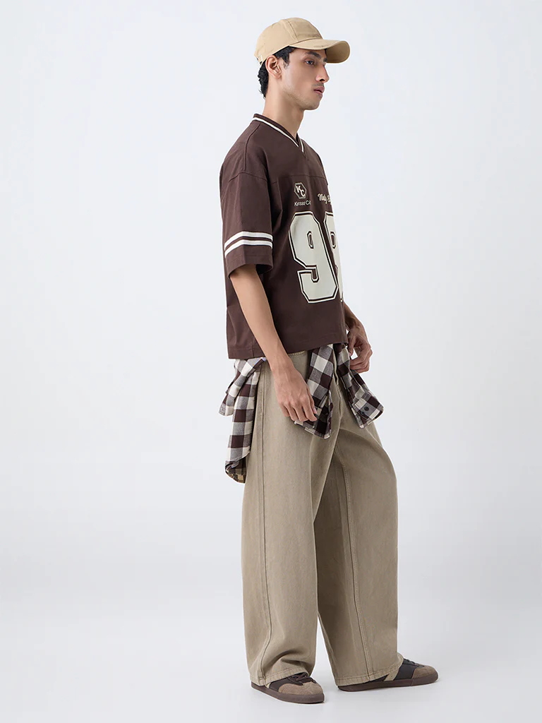 Nuon Dark Brown Printed Relaxed-Fit Cotton T-Shirt - Image 2