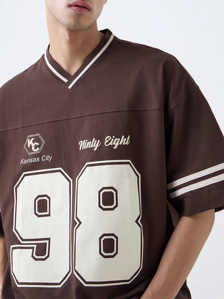 Nuon Dark Brown Printed Relaxed-Fit Cotton T-Shirt - Image 3