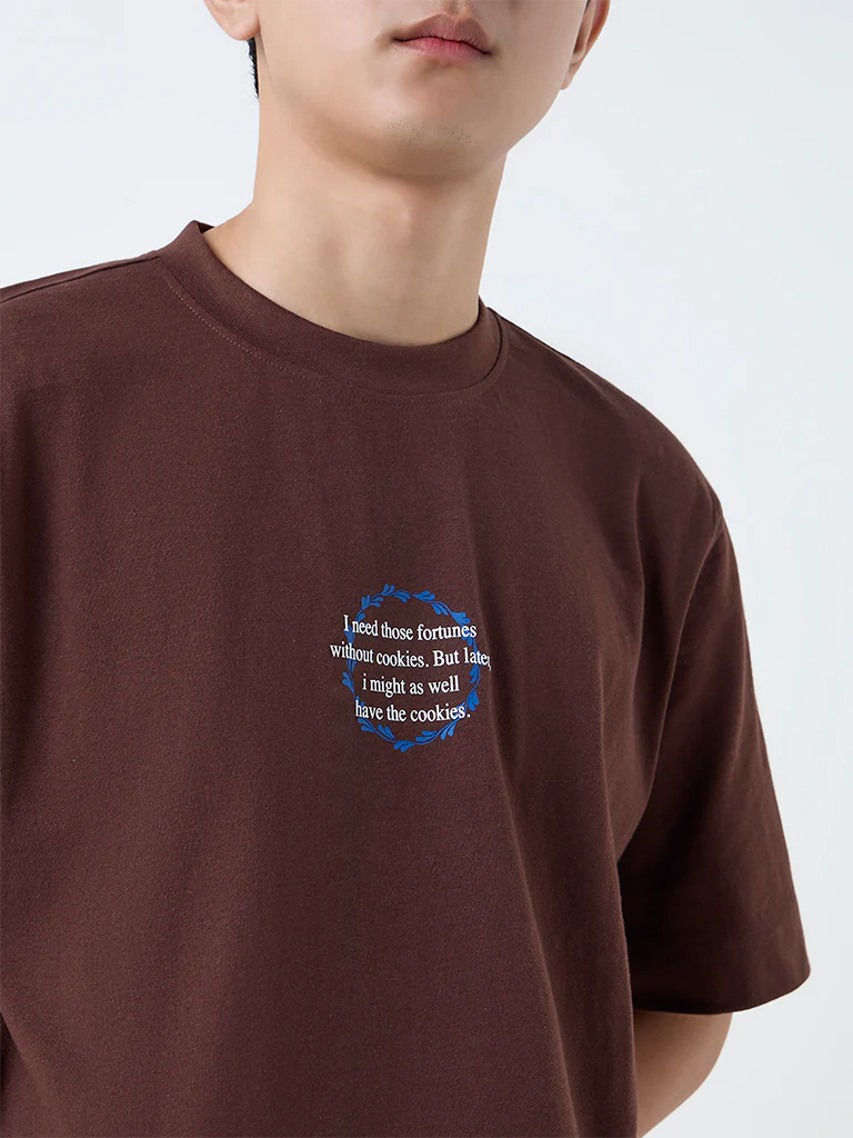 Nuon Dark Brown Printed Relaxed-Fit Cotton T-Shirt - Image 3