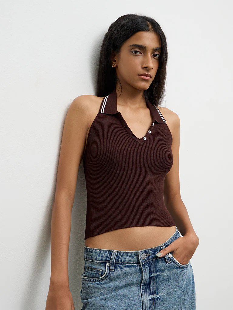 Nuon Dark Brown Ribbed Halter-Neck Top - Image 2