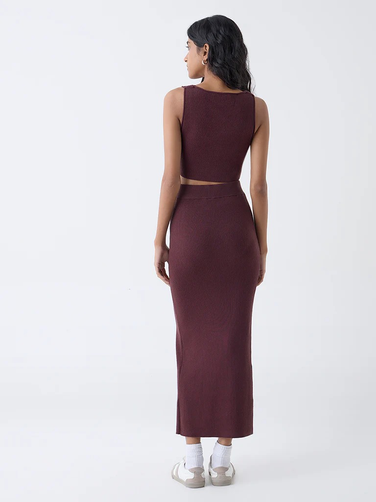 Nuon Dark Brown Ribbed High-Rise Skirt - Image 4