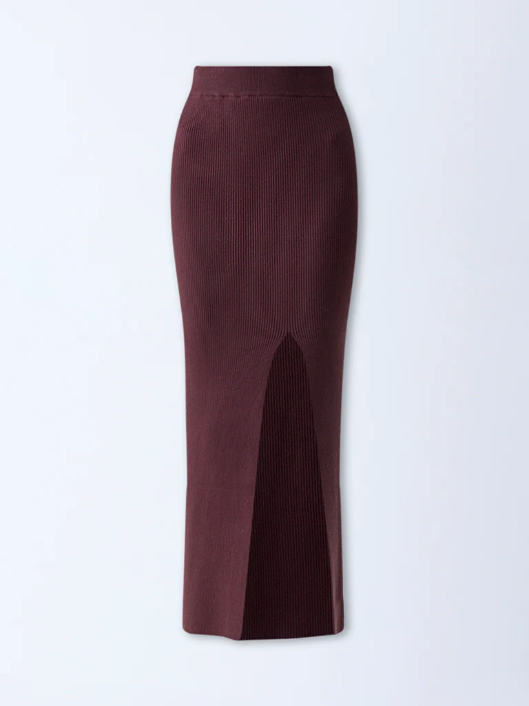 Nuon Dark Brown Ribbed High-Rise Skirt - Image 5