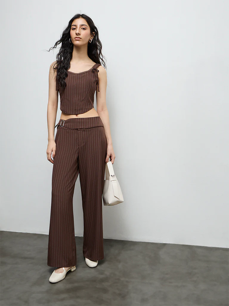 Nuon Dark Brown Striped High-Rise Pants