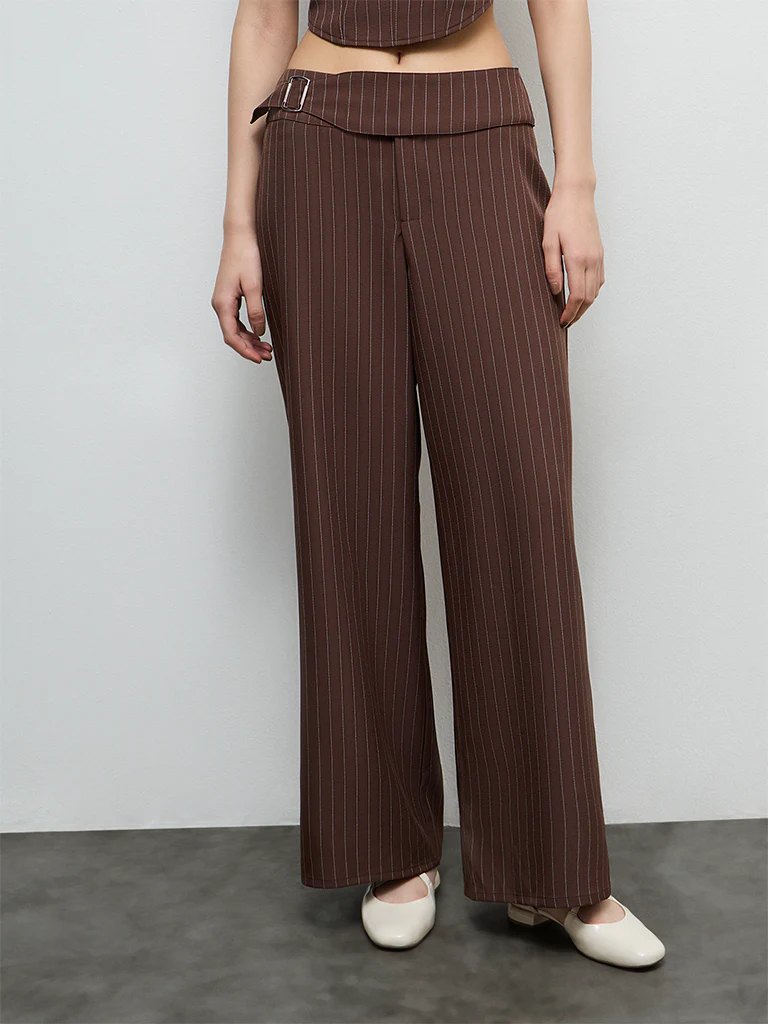 Nuon Dark Brown Striped High-Rise Pants - Image 2