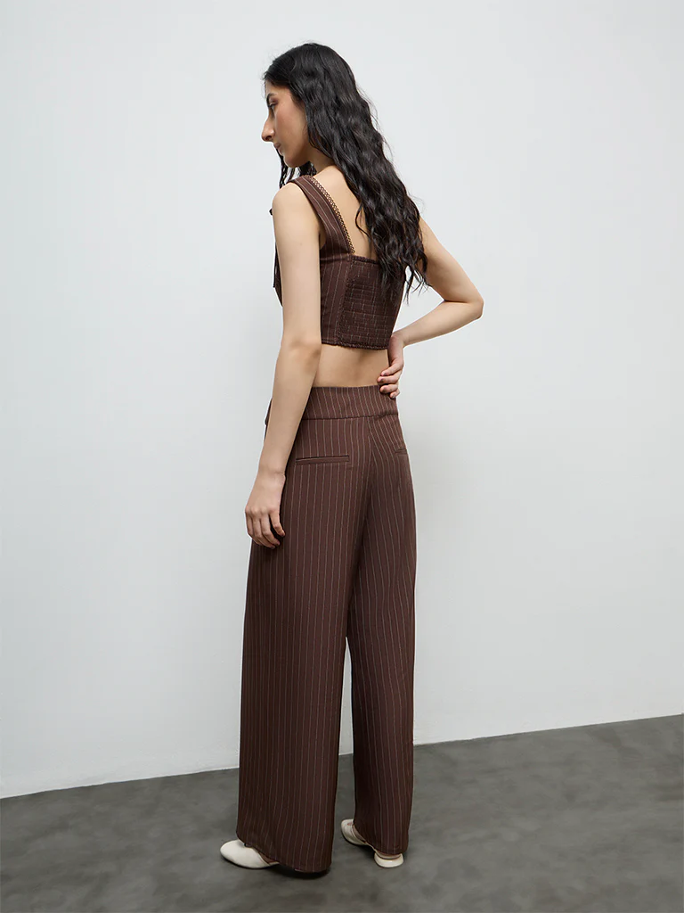 Nuon Dark Brown Striped High-Rise Pants - Image 4