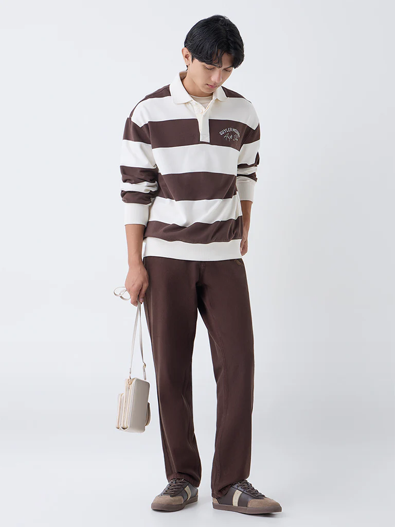 Nuon Dark Brown Striped Relaxed-Fit Polo Sweatshirt - Image 2
