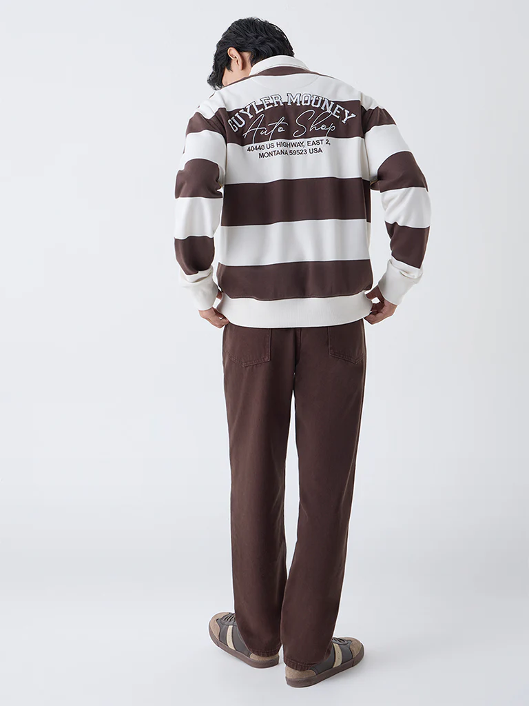 Nuon Dark Brown Striped Relaxed-Fit Polo Sweatshirt - Image 4