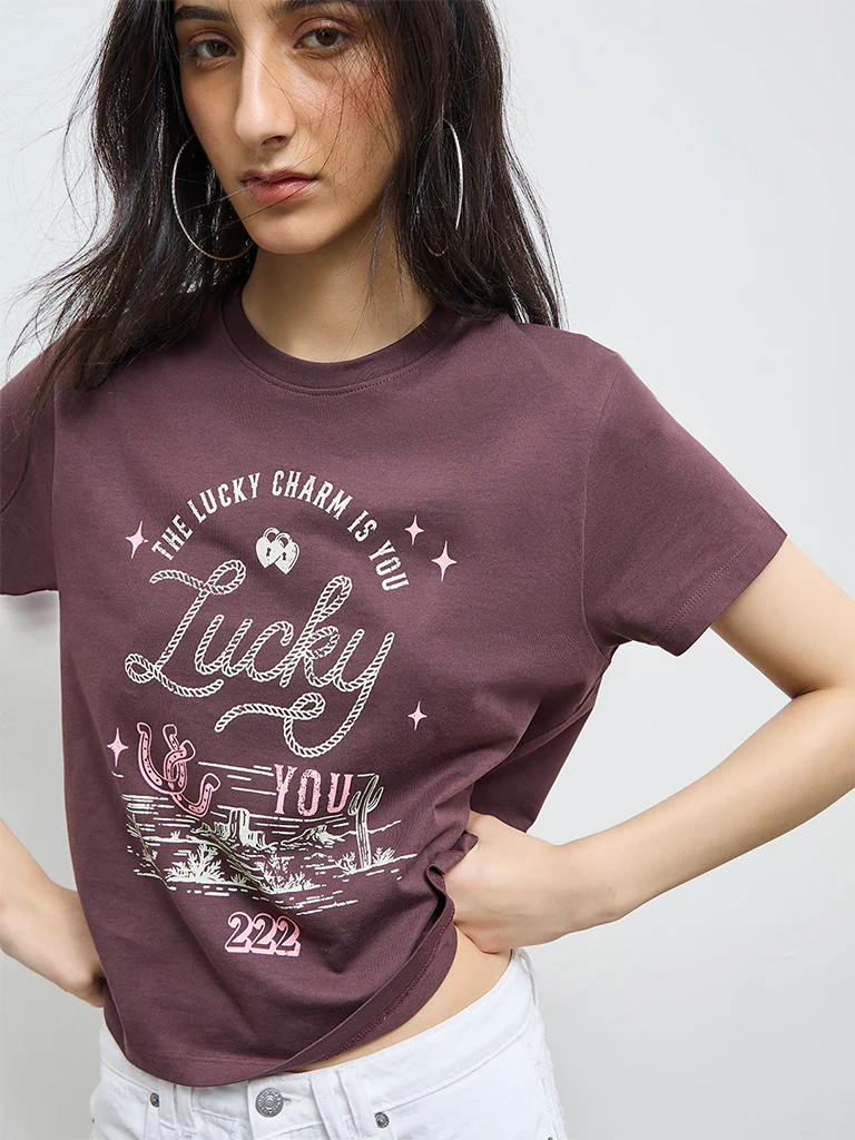 Nuon Dark Brown Text Cotton T-Shirt