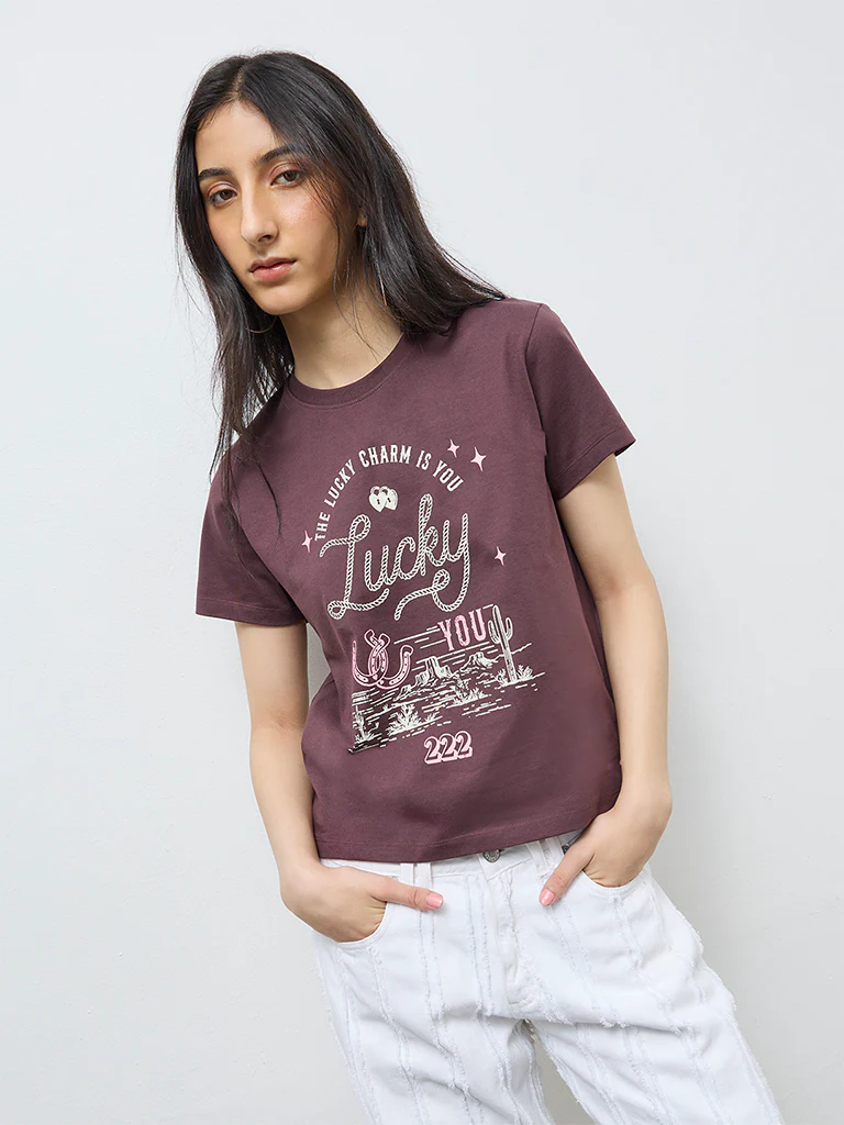 Nuon Dark Brown Text Cotton T-Shirt - Image 3