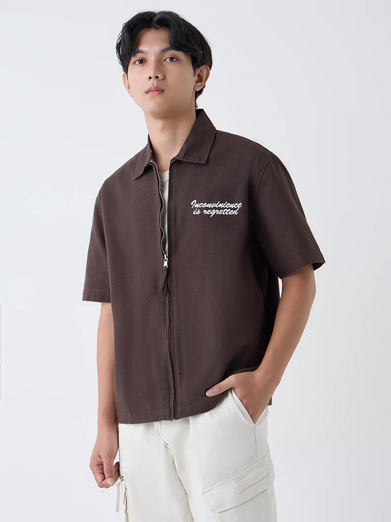 Nuon Dark Brown Text Pattern Relaxed-Fit Cotton Shirt