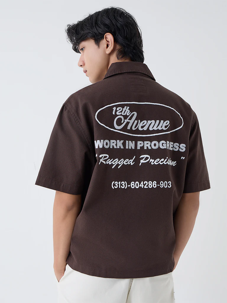 Nuon Dark Brown Text Pattern Relaxed-Fit Cotton Shirt - Image 4