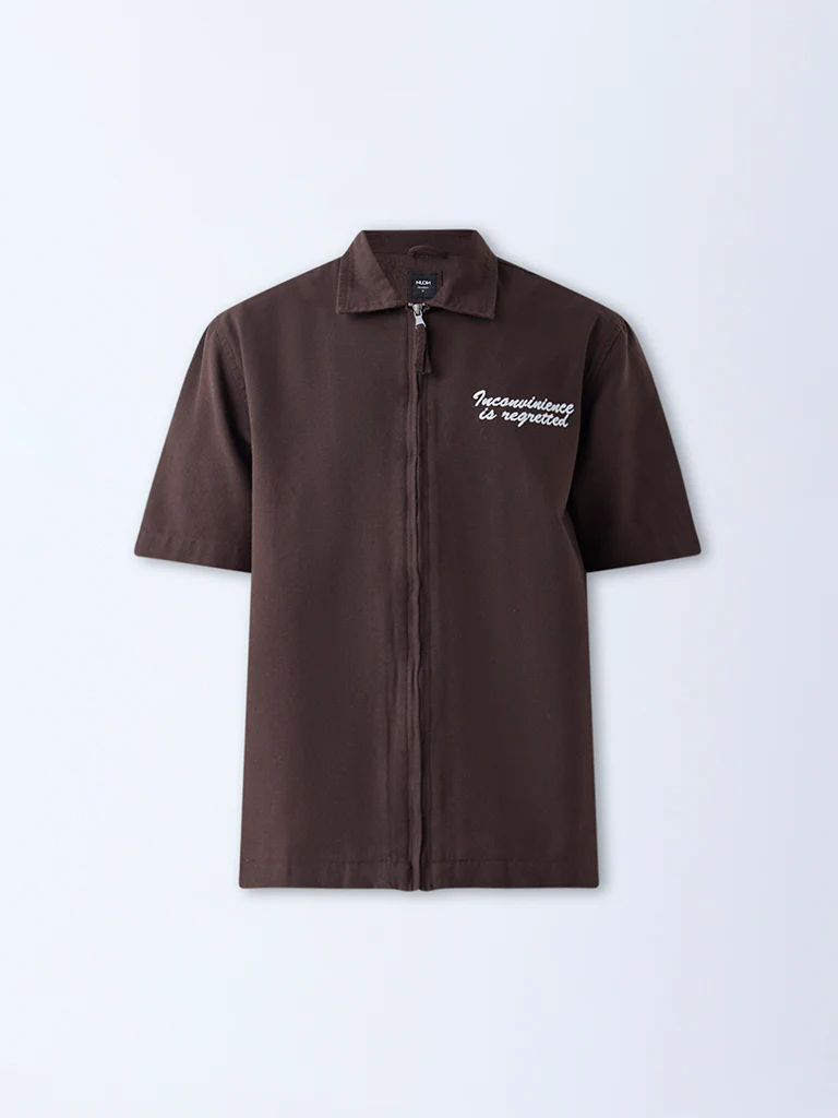 Nuon Dark Brown Text Pattern Relaxed-Fit Cotton Shirt - Image 5