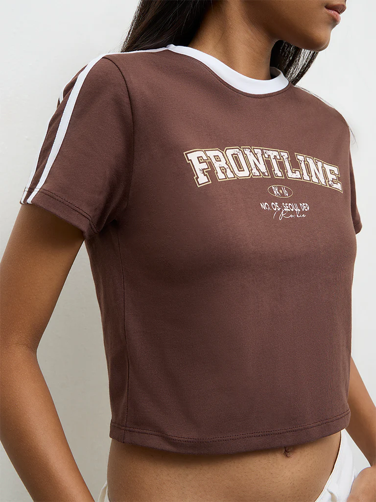 Nuon Dark Brown Text-Printed Cotton T-Shirt - Image 3
