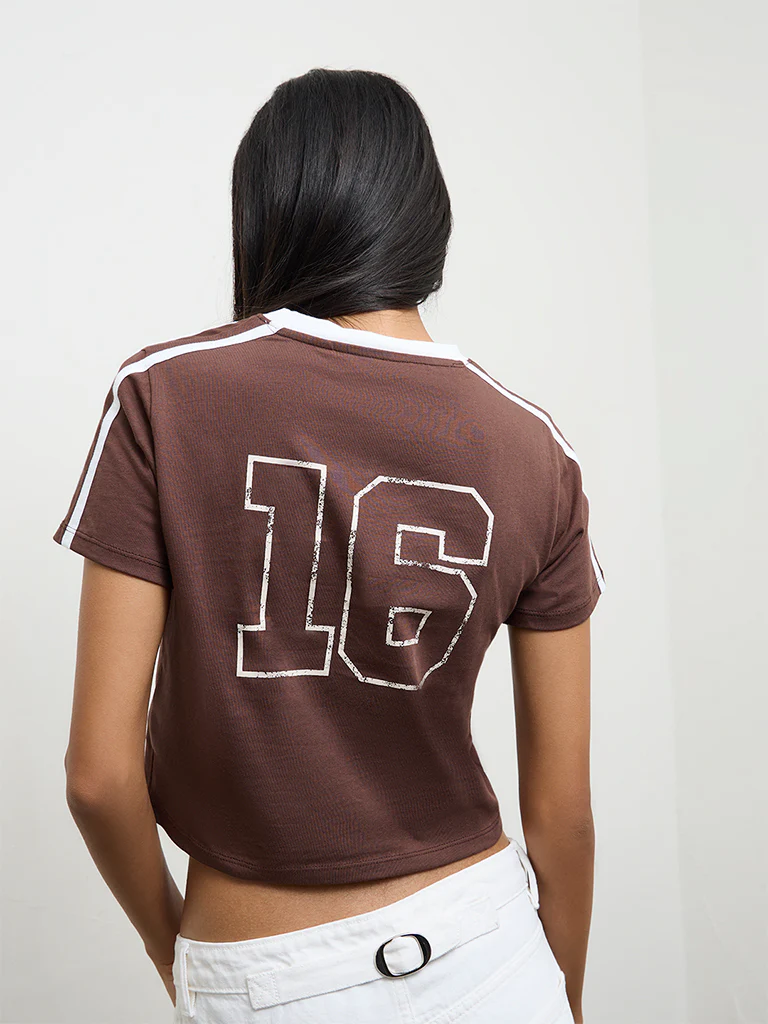 Nuon Dark Brown Text-Printed Cotton T-Shirt - Image 4