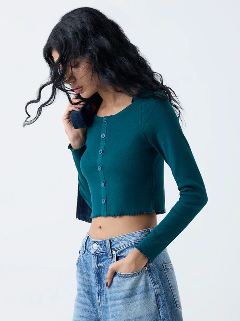 Nuon Dark Green Self-Striped Cotton-Blend Top - Image 2