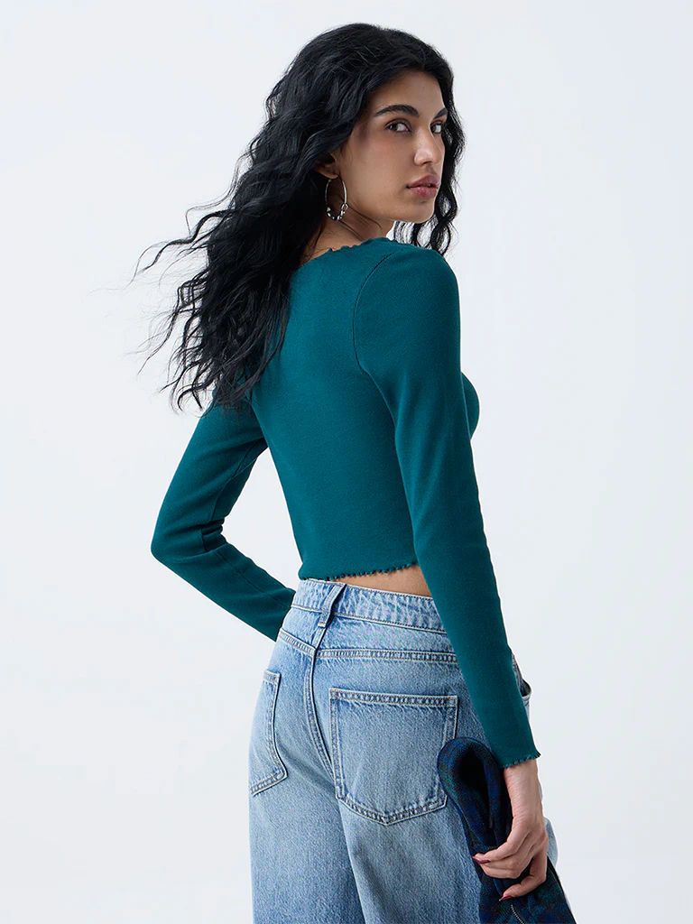 Nuon Dark Green Self-Striped Cotton-Blend Top - Image 4
