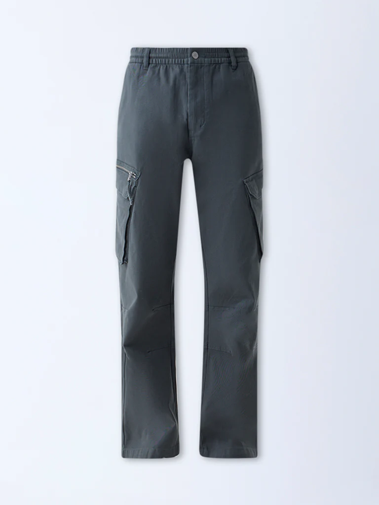Nuon Dark Grey Relaxed-Fit Mid-Rise Cotton-Blend Cargo Pants - Image 6