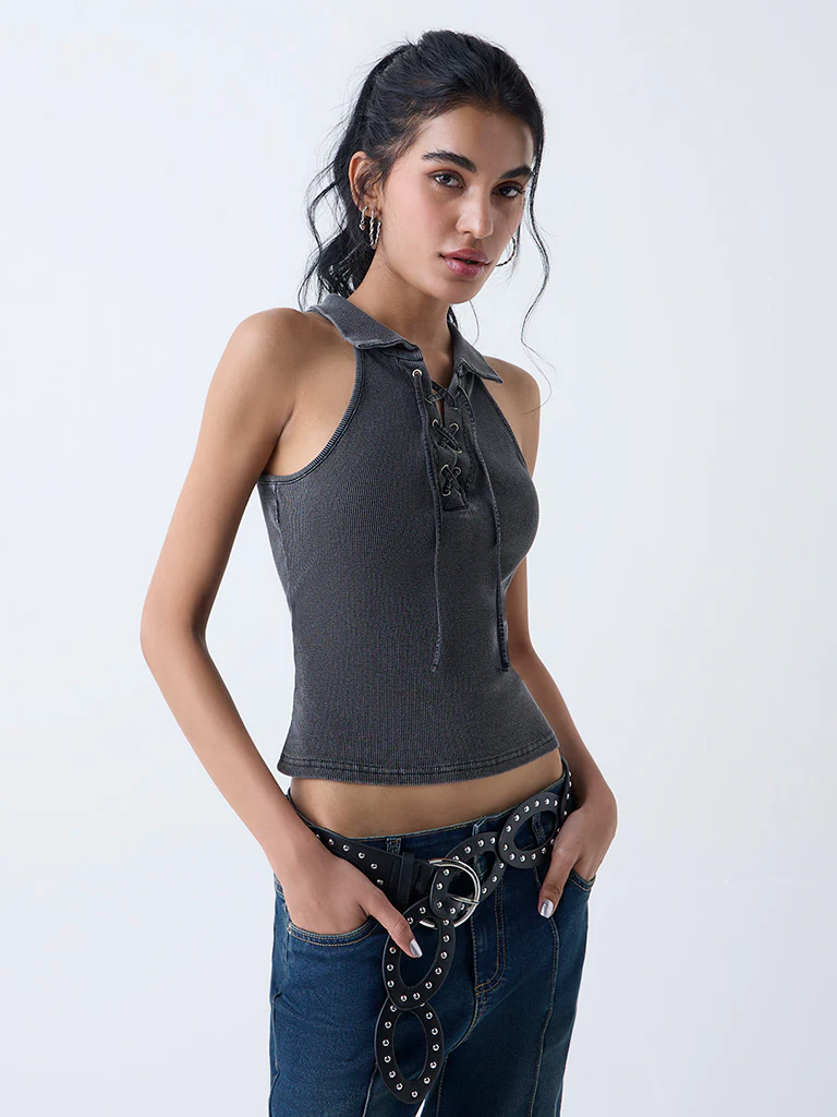Nuon Dark Grey Ribbed-Textured Cotton-Blend Top - Image 2